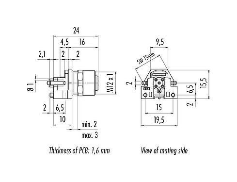 Méretarányos rajz M12 panelre szerelhető foglalat, : 5, árnyékolatlan, THR, IP68, UL 2238, M12x1,0, elülső rögzítés, PCB szereléshez