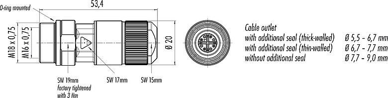 스케일 드로잉 M16 케이블 소켓, 콘택트 렌즈: 8, 5.5-9.0mm, 차폐 가능, IDC, IP67