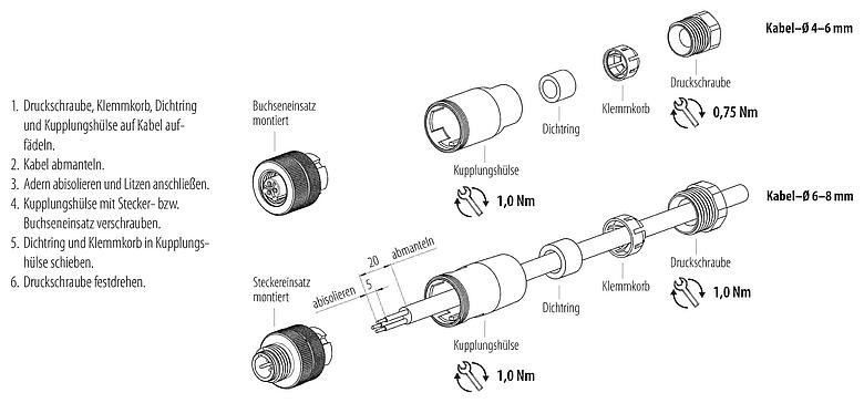 Montageanleitung M12 Kabeldose, Polzahl: 2+PE, 4,0-6,0 mm, ungeschirmt, schraubklemm, IP67, UL