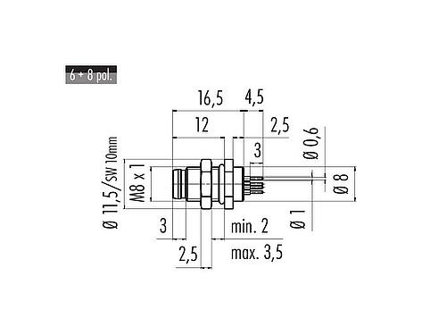 Scale drawing M8 Male panel mount connector, Contacts: 6, unshielded, THT, IP67, UL 2238, M8x1.0, Rear mounting