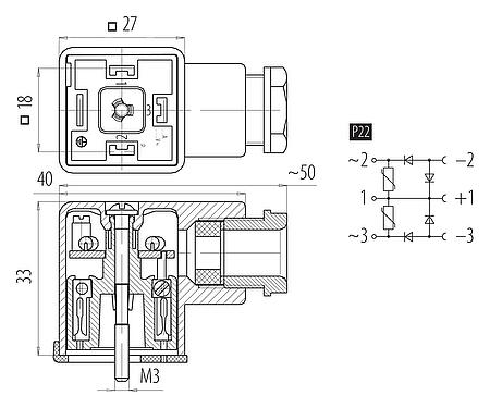 Dessin coté Embase femelle pour appareils, Contacts: 3+PE, 6,0-8,0 mm, non blindé, pince à visser, IP65 avec joint, voir accessoires, PG 9, Circuit P22