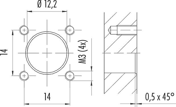 Instructions de montage / Découpe du panneau M12 Embase femelle, carré, Contacts: 8, non blindé, fils, IP40, UL 2238, M3 (4x), Montage frontal, coulé