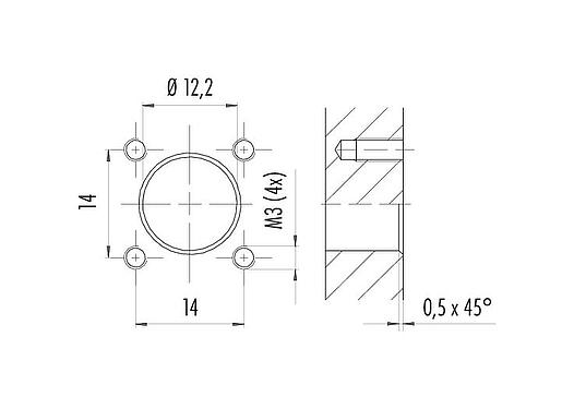 Instructions de montage / Découpe du panneau M12 Embase mâle, carré, Contacts: 4, non blindé, fils, IP40, UL 2238, M3 (4x), Montage frontal, coulé