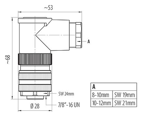 Dessin coté 7/8" Connecteur femelle coudé, Contacts: 3+PE, 8,0-10,0 mm, non blindé, pince à visser, IP67, UL 2238, VDE