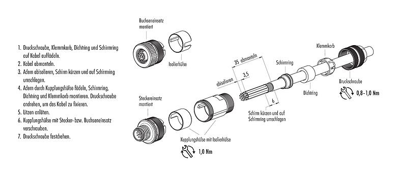 Montageanleitung M12 Kabelstecker, Polzahl: 12, 6,0-8,0 mm, schirmbar, löten, IP67, UL 2238, mit Schirmring