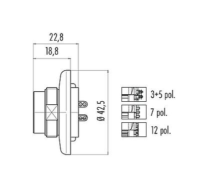Maßzeichnung M25 Flanschstecker, Polzahl: 12, schirmbar, löten, IP40, Frontmontage