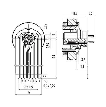Connexion & dimensions 09 0424 65 07 - M9 Embase femelle, Contacts: 7, non blindé, THT, IP67