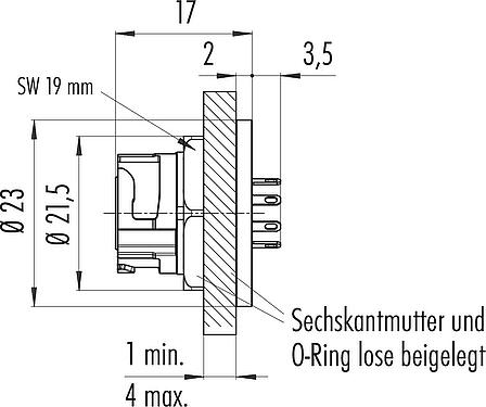 Maßzeichnung Bajonett Flanschdose, Polzahl: 8, ungeschirmt, löten, IP67 (auch ungesteckt), M13x1,0, Rückwandmontage