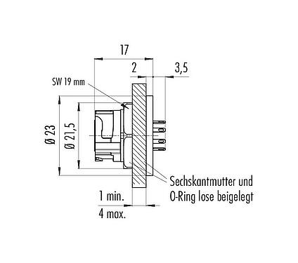 Maßzeichnung Bajonett Flanschdose, Polzahl: 8, ungeschirmt, löten, IP67 (auch ungesteckt), M13x1,0, Rückwandmontage