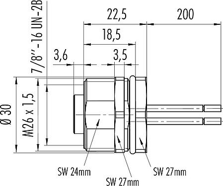 Schaaltekening 7/8" Female panel mount connector, aantal polen: 4, onafgeschermd, draden, IP68, UL 2238, VDE, Frontaansluiting, gegoten