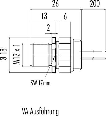Maßzeichnung M12 Flanschstecker, Polzahl: 5, ungeschirmt, Litzen, IP68/IP69K, UL 2238, M16x1,5, Frontmontage, Edelstahl, positionierbar, vergossen