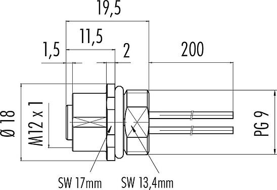 Scale drawing M12 Female panel mount connector, Contacts: 4, unshielded, single wires, IP68, UL 2238, VDE, PG 9, Front mounting, for the power supply, potted