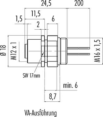 Maßzeichnung M12 Flanschdose, Polzahl: 5, ungeschirmt, Litzen, IP68/IP69K, UL 2238, M16x1,5, Frontmontage, Edelstahl, positionierbar, vergossen