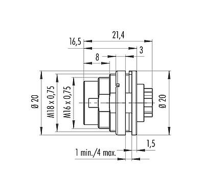 Scale drawing M16 Male panel mount connector, Contacts: 6 (06-a), unshielded, crimping (Crimp contacts must be ordered separately), IP40, M18x0,75, Rear mounting