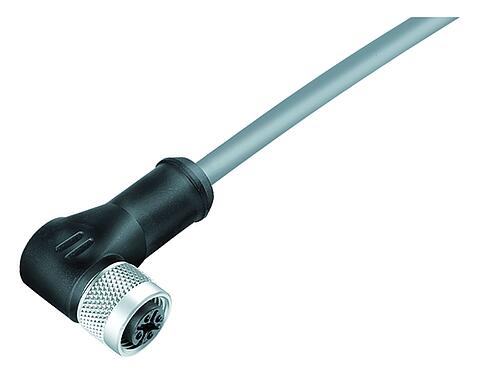 Illustration M12 Female angled connector, Contacts: 4, shielded, moulded on the cable, IP67, UL 2238, PVC, grey, 4 x 0.34 mm², 5 m