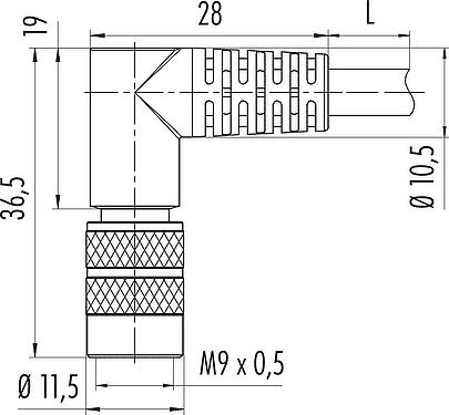 Dessin coté M9 Connecteur mâle coudé, Contacts: 5, blindé, surmoulé sur le câble, IP67, PUR, noir, 5 x 0,25 mm², 2 m