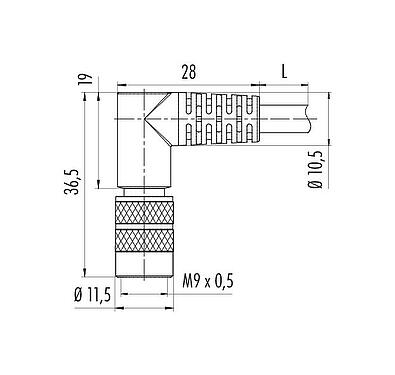 Dessin coté M9 Connecteur mâle coudé, Contacts: 4, blindé, surmoulé sur le câble, IP67, PUR, noir, 5 x 0,25 mm², 5 m