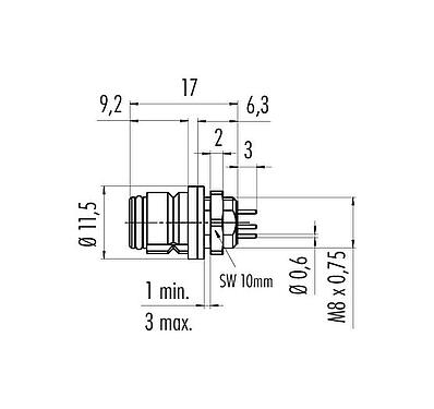 Maßzeichnung Snap-In Flanschdose, Polzahl: 8, ungeschirmt, THT, IP67, UL 2238, M8x0,75, Frontmontage