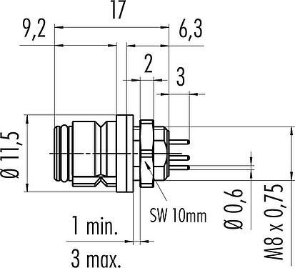 Scale drawing Snap-In Female panel mount connector, Contacts: 5, unshielded, THT, IP67, M8x0,75, Front mounting