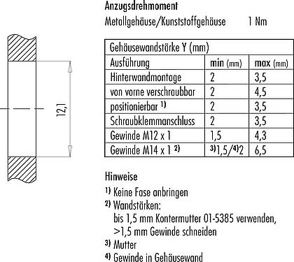Montageanleitung / Montageausschnitt M12 Flanschdose, Polzahl: 8, schirmbar, THT, IP67, UL, M12x1,0, Rückwandmontage
