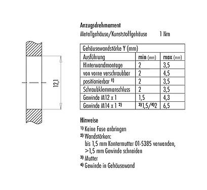 Montageanleitung / Montageausschnitt M12 Flanschstecker, Polzahl: 12, ungeschirmt, THT, IP68, M12x1,0, Rückwandmontage