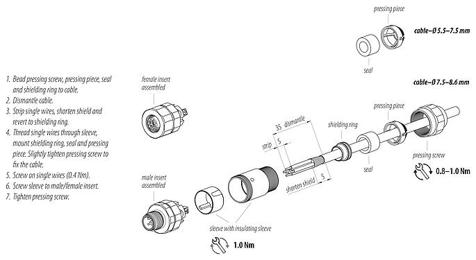 Istruzioni di montaggio 99 1436 995 05 - M12 Connettore cavo femmina, Numero poli: 5, 5,5-8,6 mm, schermabile, morsetto a vite, IP68/IP69K, UL, Ecolab, Acciaio inox