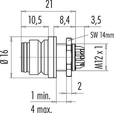 Scale drawing Snap-In Female panel mount connector, Contacts: 3, unshielded, solder, IP67, M12x1.0, Front mounting