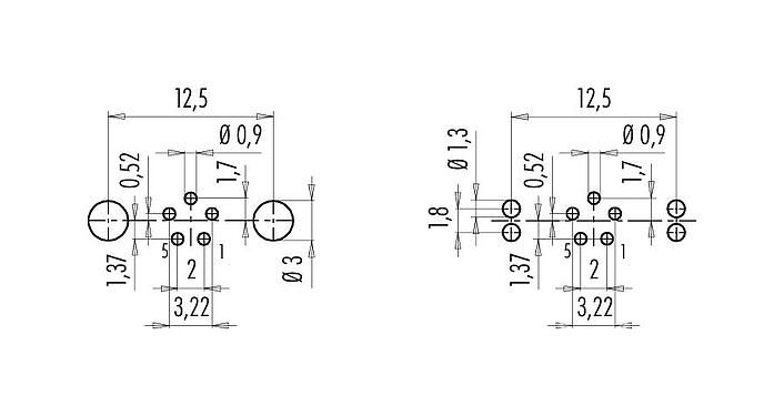 Conductor layout 09 0415 30 05 - M9 Male panel mount connector, Contacts: 5, shieldable, THT, IP67, front fastened