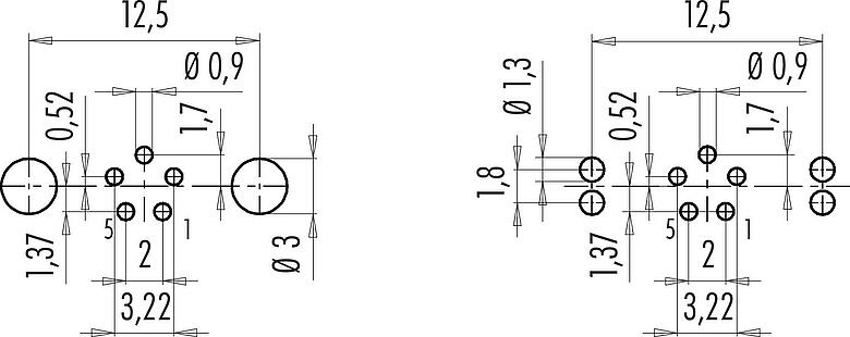 Conductor layout M9 Male panel mount connector, Contacts: 5, shieldable, THT, IP67, M12x0.5, Rear mounting, potted
