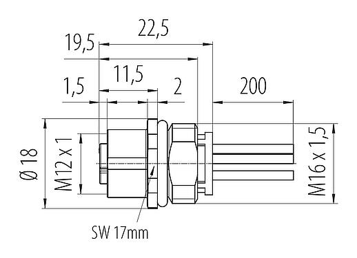 Maßzeichnung M12 Flanschdose, Polzahl: 5, ungeschirmt, Litzen, IP68, UL 2238, M16x1,5, Frontmontage, vergossen