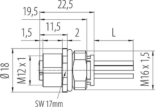 Bản vẽ tỷ lệ M12 Ổ cắm gắn bảng, Số lượng cực : 5, không có chống nhiễu, dây đơn, IP68, UL 2238, M16x1,5, Gắn phía trước, túp lều
