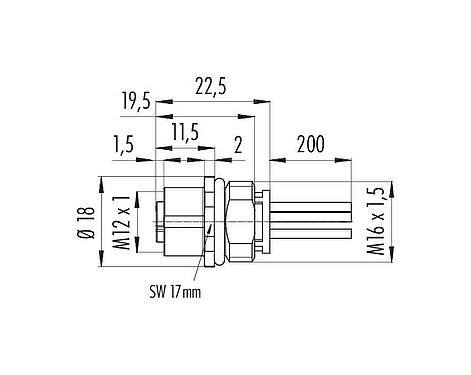 Scale drawing 76 0246 0134 00035-0200 - M12 Female panel mount connector, Contacts: 5, unshielded, single wires, IP68, UL, M16x1.5