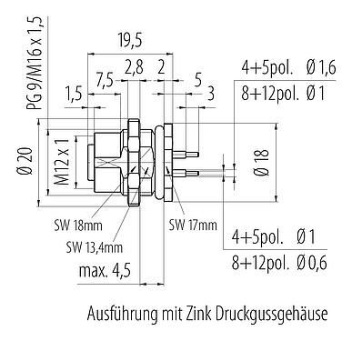 Maßzeichnung M12 Flanschdose, Polzahl: 12, ungeschirmt, THT, IP68, UL 2238, M16x1,5, Rückwandmontage