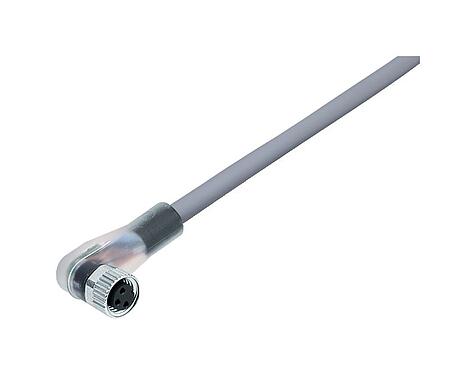 Illustration M8 Connecteur femelle coudé, Contacts: 4, non blindé, surmoulé sur le câble, IP67/IP69K, UL 2238, PVC, gris, 4 x 0,34 mm², avec LED, PNP, 5 m