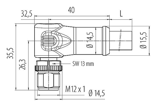 Bản vẽ tỷ lệ M12 Phích cắm bẻ góc, Số lượng cực : 4, không có chống nhiễu, ép phun vào dây cáp, IP68, UL, PUR, màu đen, 4x1,50mm², 2m