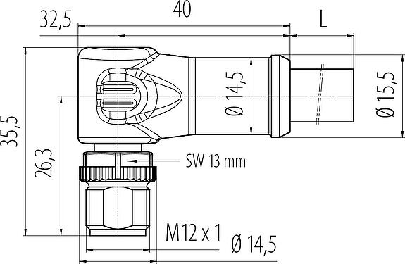 比例图 M12 弯角针头电缆连接器, 极数: 4, 非屏蔽, 预铸电缆, IP68, UL, PUR, 黑色, 4x1.50mm², 5m