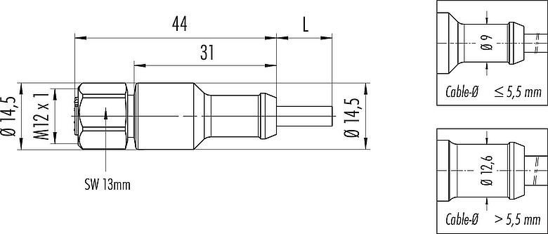 比例图 M12 直头孔头电缆连接器, 极数: 8, 非屏蔽, 预铸电缆, IP67/IP69K, Ecolab, 符合FDA, 特殊TPE, 灰色, 8x0.25mm², 不锈钢, 2m