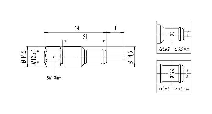 Dessin coté 77 3730 0000 40404-0500 - M12 Connecteur femelle, Contacts: 4, non blindé, surmoulé sur le câble, IP69K, Ecolab, FDA conforme, TPE spécial, gris, 4 x 0,34 mm², Acier inoxydable, 5 m
