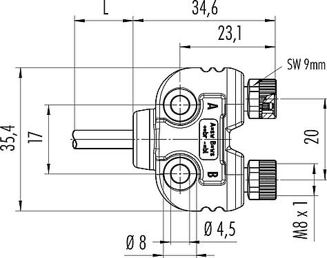 Maßzeichnung M8 Zweifachverteiler, Y-Verteiler, Polzahl: 3, ungeschirmt, am Kabel angespritzt, IP68, UL 2238, PUR, schwarz, 4 x 0,25 mm², mit LED PNP, 2 m