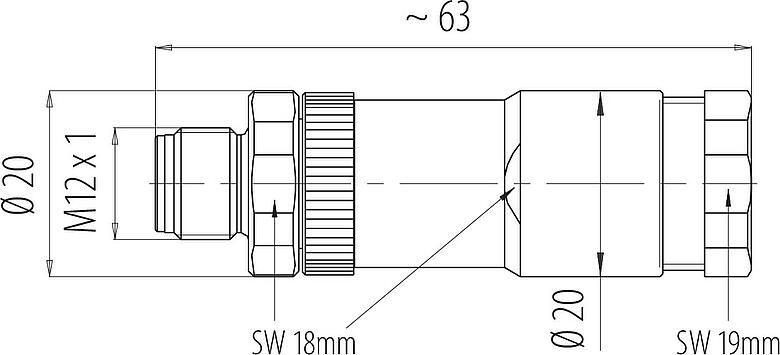 Schaaltekening M12 Duo-kabel male, aantal polen: 8, 2.1-3.0 mm (2 Kabel) of 4-5 mm (2 Kabel), onafgeschermd, schroefklem, IP67, UL 2238