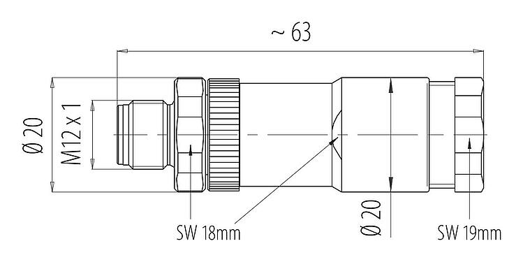 Méretarányos rajz M12 duo kábel csatlakozó, : 4, 2.1-3.0 mm (2 Kábel) lub 4-5 mm (2 Kábel), árnyékolatlan, csavaros bilincs, IP67, UL 2238