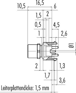 Maßzeichnung M8 Flanschdose, Polzahl: 4, ungeschirmt, THR, IP67, UL 2238