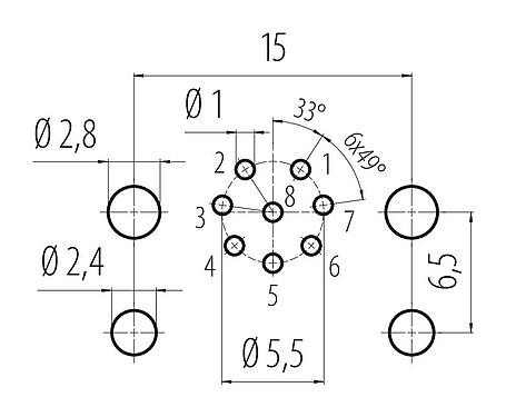 Disposizione dei conduttori 99 3481 200 08 - M12 Connettore maschio a flangia, Numero poli: 8, non schermato, THR, IP68, UL, per l'assemblaggio di PCB