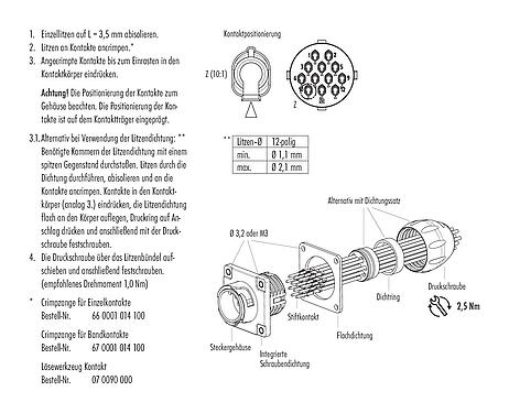 Montageanleitung Bajonett Flanschstecker, Polzahl: 12, ungeschirmt, crimpen (Crimpkontakte müssen separat bestellt werden), IP68/IP69K, UL 2238, VDE, Frontmontage, UV-Beständig