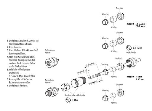 Montageanleitung M12 Kabelstecker, Polzahl: 5, 5,5-8,6 mm, schirmbar, schraubklemm, IP68/IP69K, UL 2238, Ecolab, Edelstahl, mit Schirmring