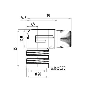 Scale drawing M16 Female angled connector, Contacts: 14 (14-b), 4.0-6.0 mm, shieldable, solder, IP40
