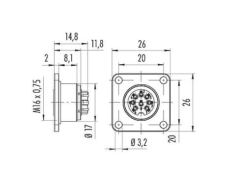 Scale drawing 09 0128 370 07 - M16 Square female panel mount connector, Contacts: 7 (07-a), unshielded, crimping (Crimp contacts must be ordered separately), IP67, UL