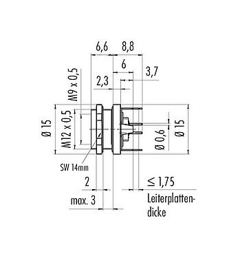 Maßzeichnung M9 Flanschdose, Polzahl: 3, schirmbar, THT, IP67, M12x0,5, Rückwandmontage, vergossen