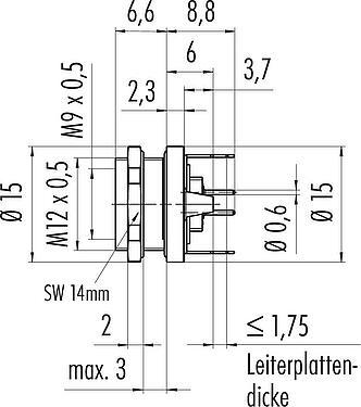 Maßzeichnung M9 Flanschdose, Polzahl: 5, schirmbar, THT, IP67, M12x0,5, Rückwandmontage, vergossen