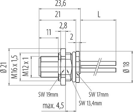 Bản vẽ tỷ lệ M12 Phích cắm gắn bảng, Số lượng cực : 4, không có chống nhiễu, dây đơn, IP68, UL 2238, M16x1,5, Chốt trung tâm